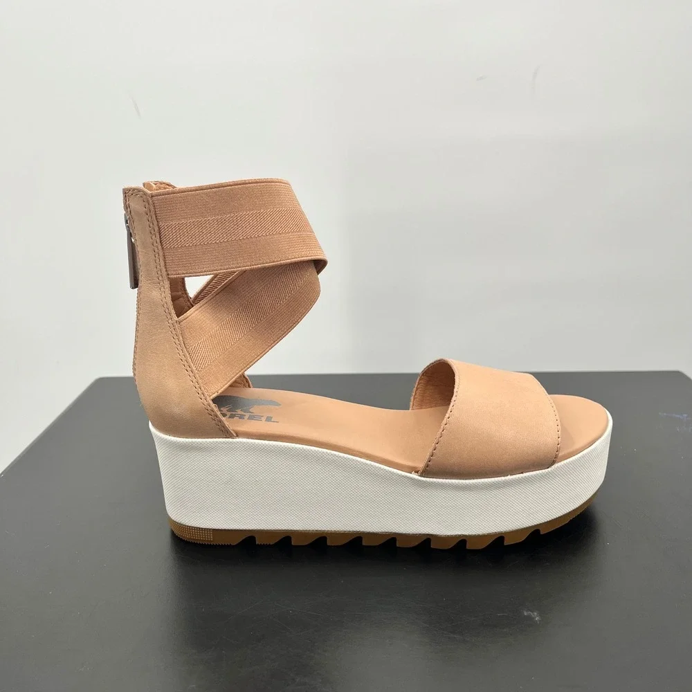 Sorel Kinetic Sandal Womens 6 Tan Good Platform Wedge NL3997-246 Strappy Zip